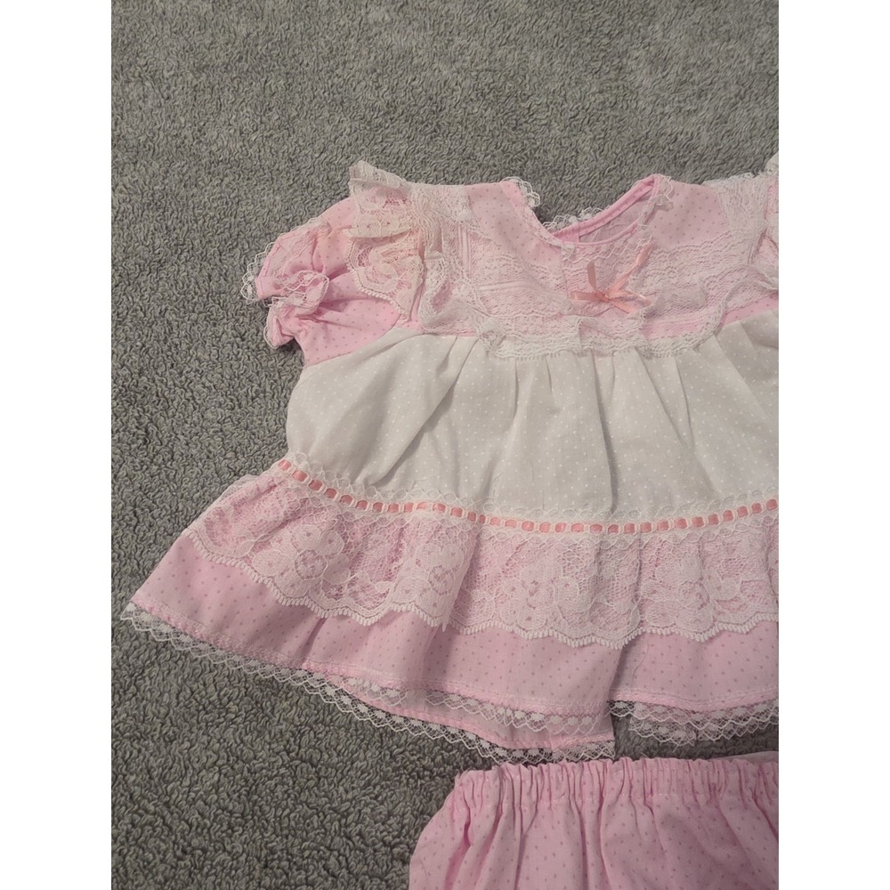 Vintage Baby Girl 3-6 mos Dress Puff Sleeve Waterproof Bottoms Pink Lace - Picture 2 of 6